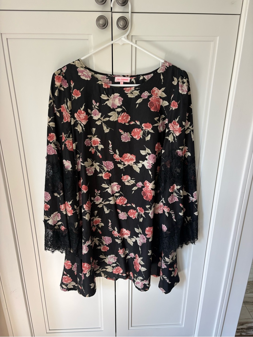 re:named Black Floral Mini Dress with Pink Rose Print with lace sleeves